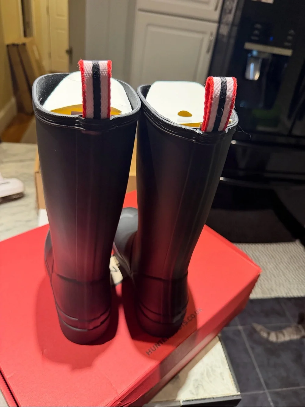 Hunter womens play tall Black Tall Rain Boots with Red-Trim Pull Tabs
